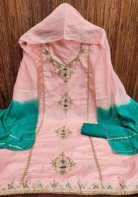 Peach Embroidered Silk Dress Material