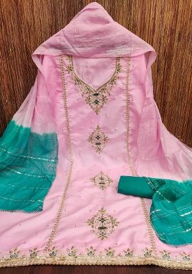 Pink Embroidered Silk Dress Material