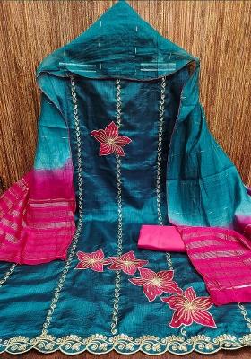 Turquoise Blue Embroidered Silk Dress Material