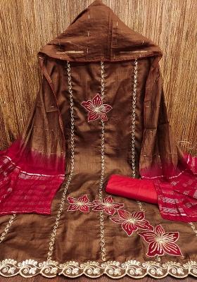 Brown Embroidered Silk Dress Material