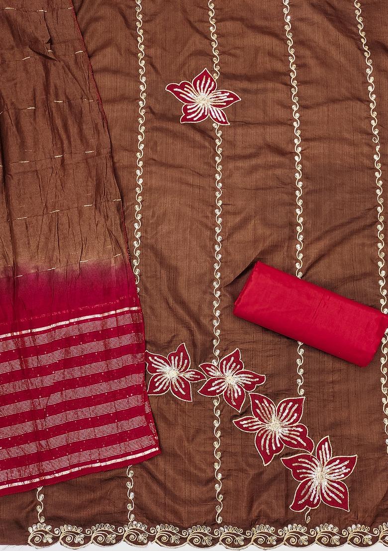 Brown Embroidered Silk Dress Material