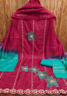 Fuchsia Pink Embroidered Silk Dress Material