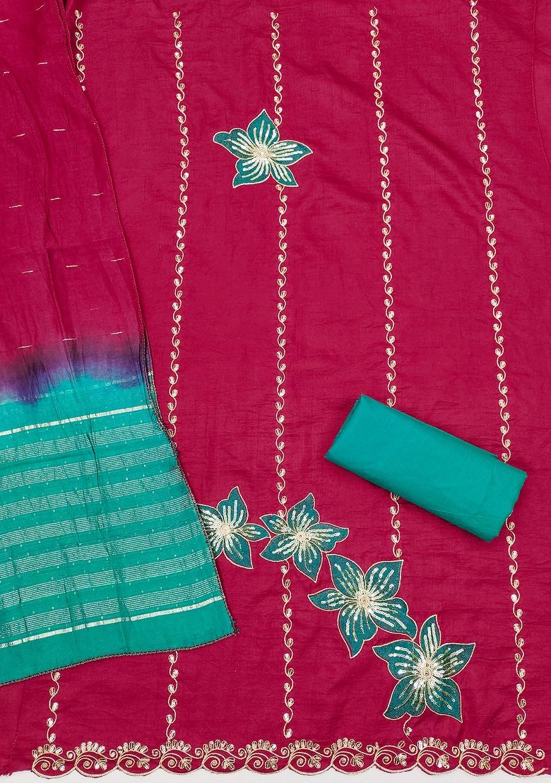 Fuchsia Pink Embroidered Silk Dress Material