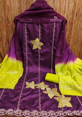 Purple Embroidered Silk Dress Material