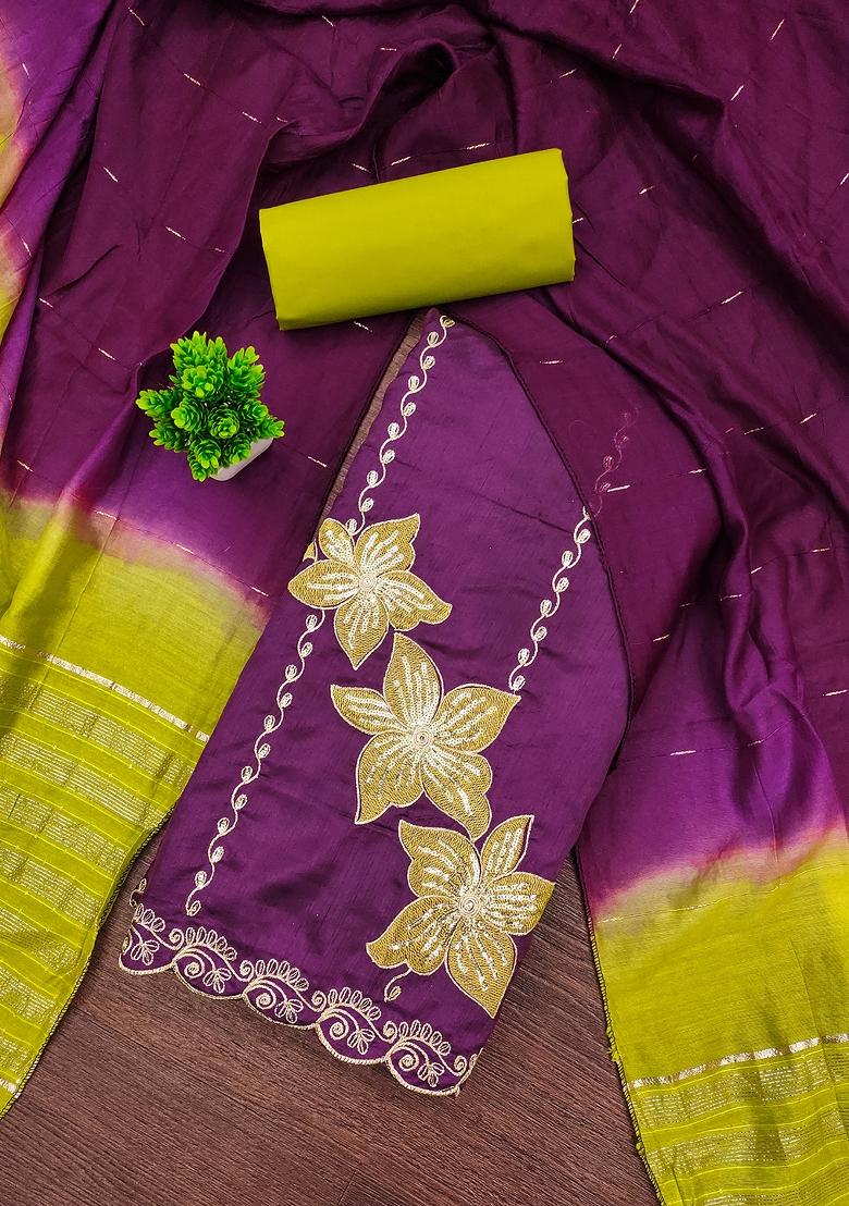 Purple Embroidered Silk Dress Material