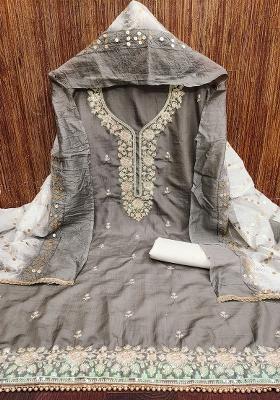 Grey Embroidered Silk Dress Material