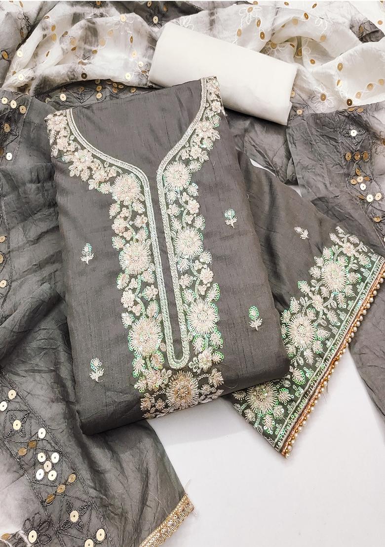 Grey Embroidered Silk Dress Material