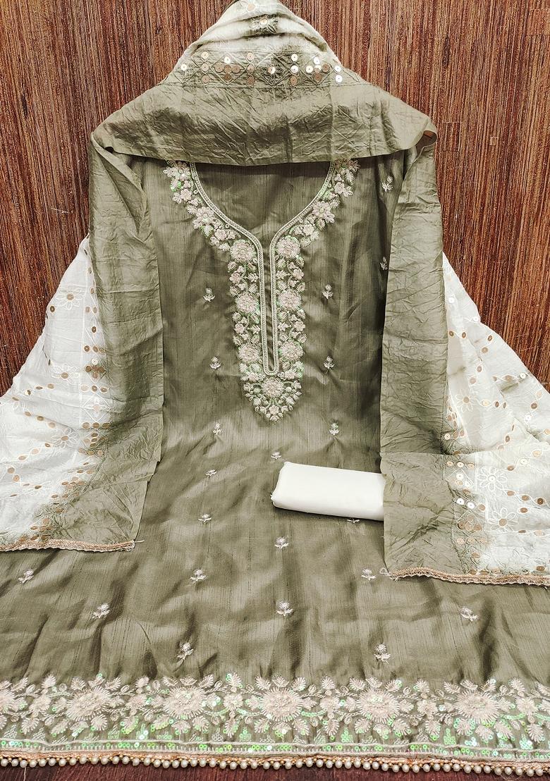 Olive Embroidered Silk Dress Material
