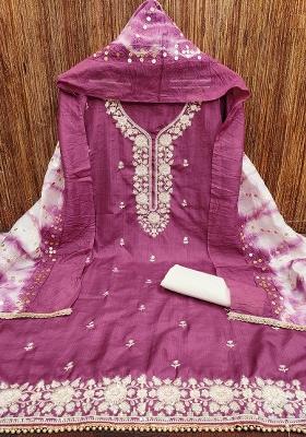 Purple Embroidered Silk Dress Material