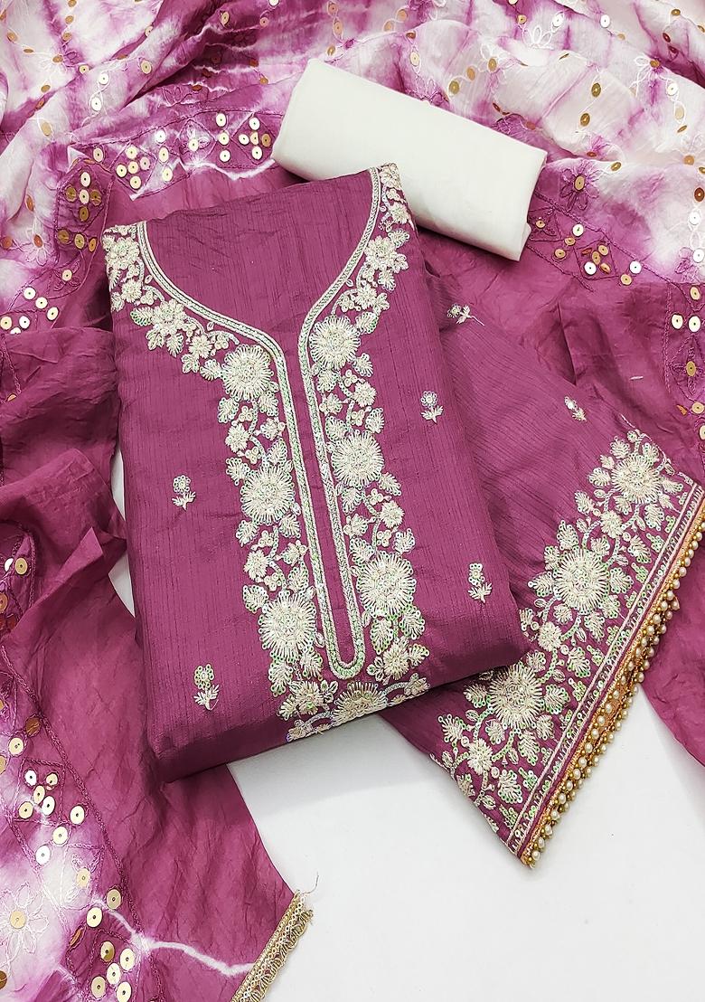 Purple Embroidered Silk Dress Material