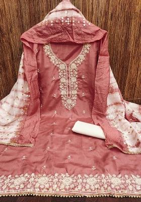 Coral Embroidered Silk Dress Material