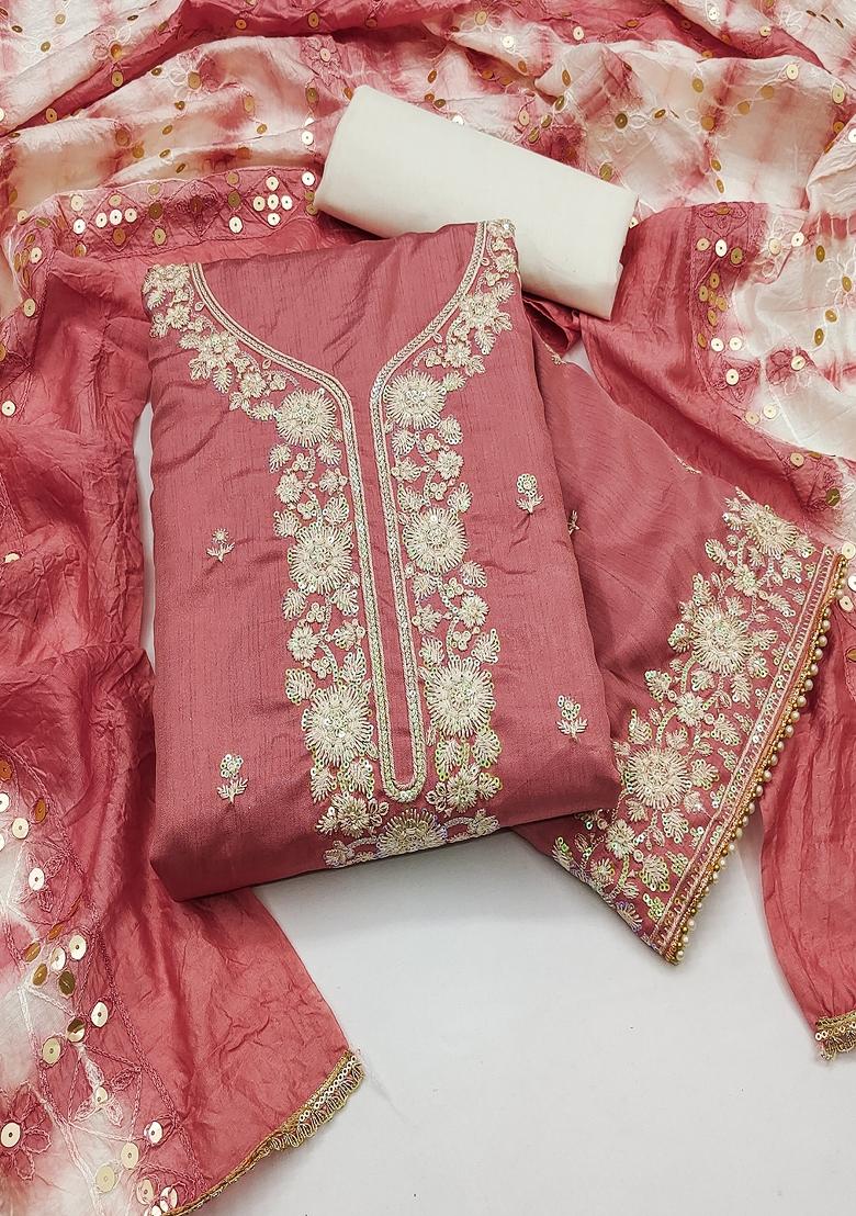 Coral Embroidered Silk Dress Material