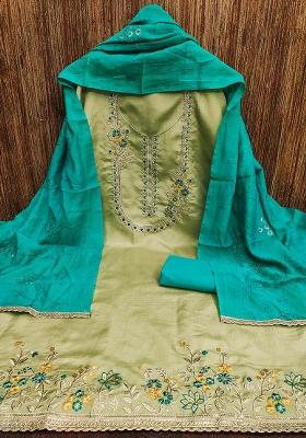 Olive Embroidered Silk Dress Material