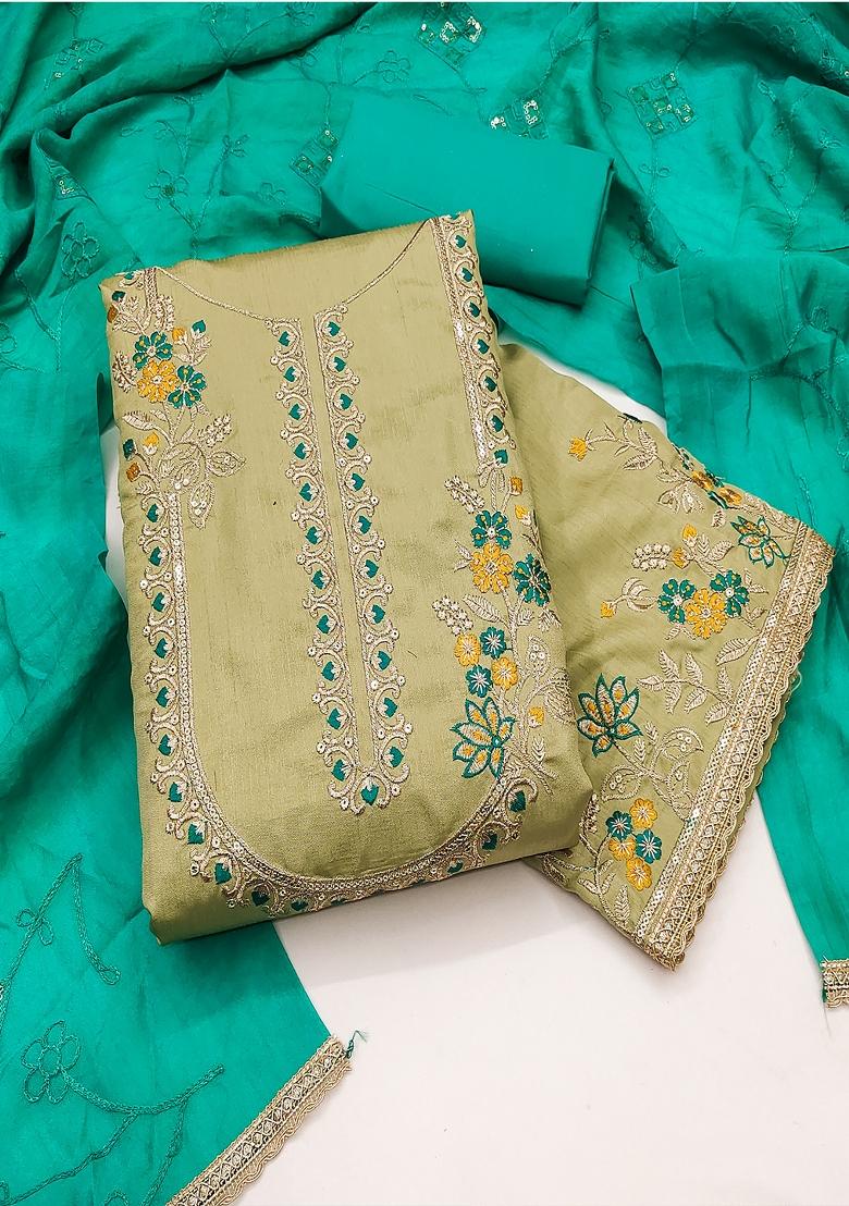 Olive Embroidered Silk Dress Material