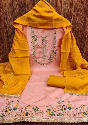 Peach Embroidered Silk Dress Material