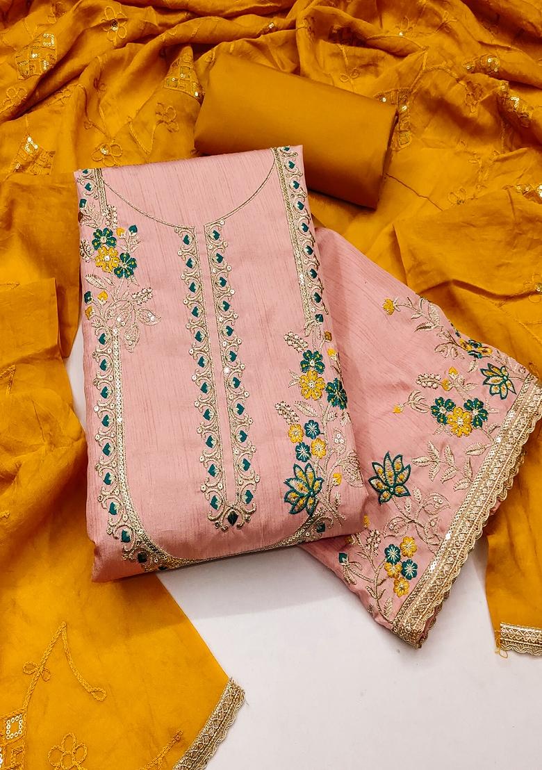 Peach Embroidered Silk Dress Material