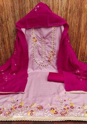 Purple Embroidered Silk Dress Material