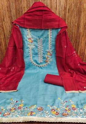 Turquoise Blue Embroidered Silk Dress Material