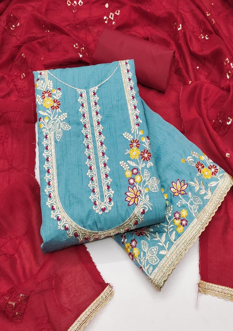 Turquoise Blue Embroidered Silk Dress Material