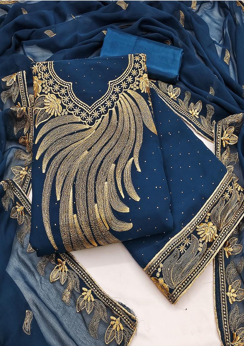Blue Embroidered Georgette Dress Material