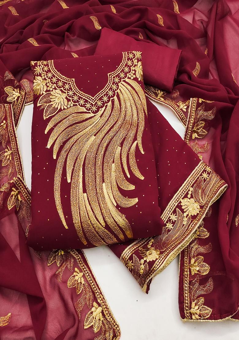 Maroon Embroidered Georgette Dress Material
