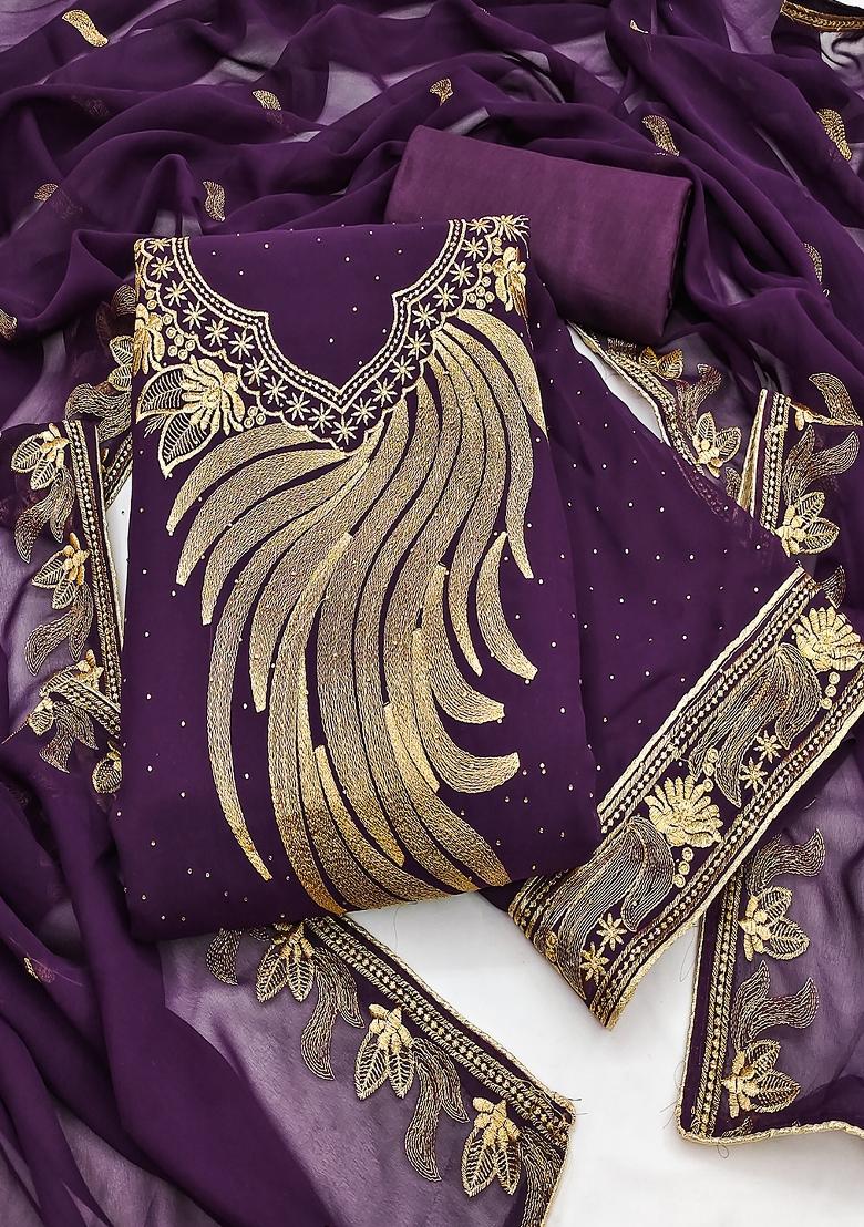 Purple Embroidered Georgette Dress Material