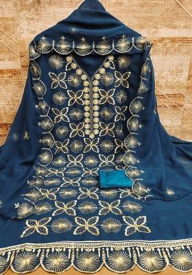 Blue Embroidered Georgette Dress Material