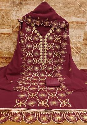 Maroon Embroidered Georgette Dress Material