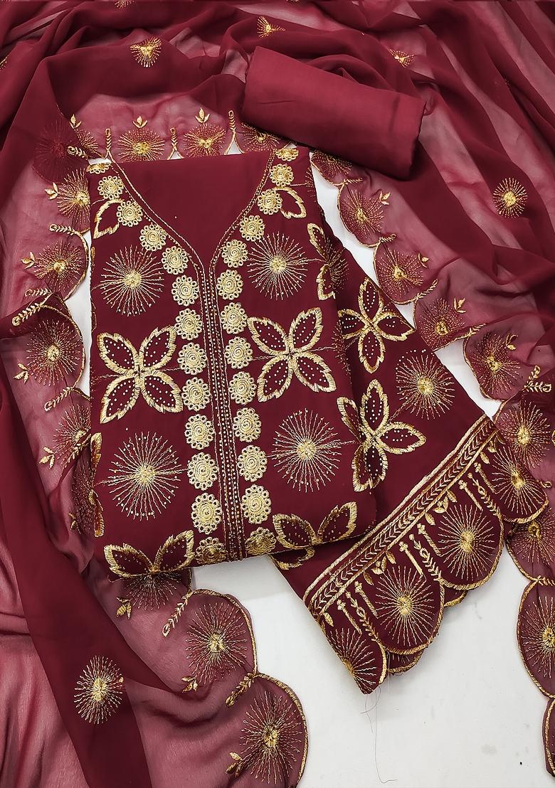 Maroon Embroidered Georgette Dress Material