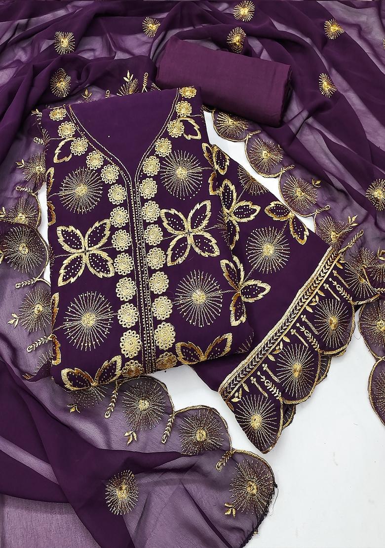 Purple Embroidered Georgette Dress Material
