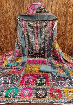 Grey Embellished Chinnon Dress Material