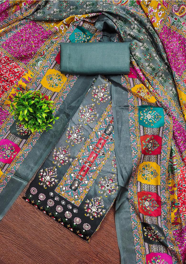 Grey Embellished Chinnon Dress Material