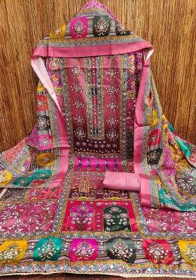 Pink Embellished Chinnon Dress Material