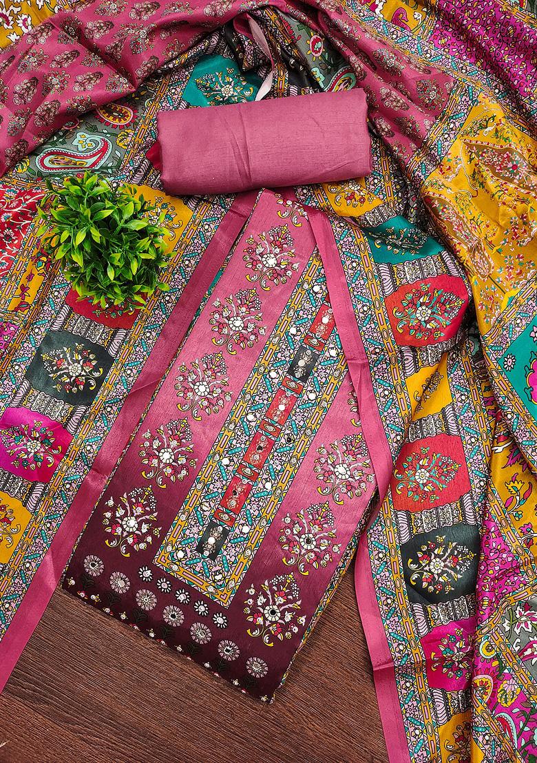 Pink Embellished Chinnon Dress Material