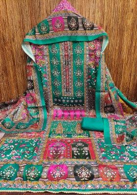 Teal Blue Embellished Chinnon Dress Material