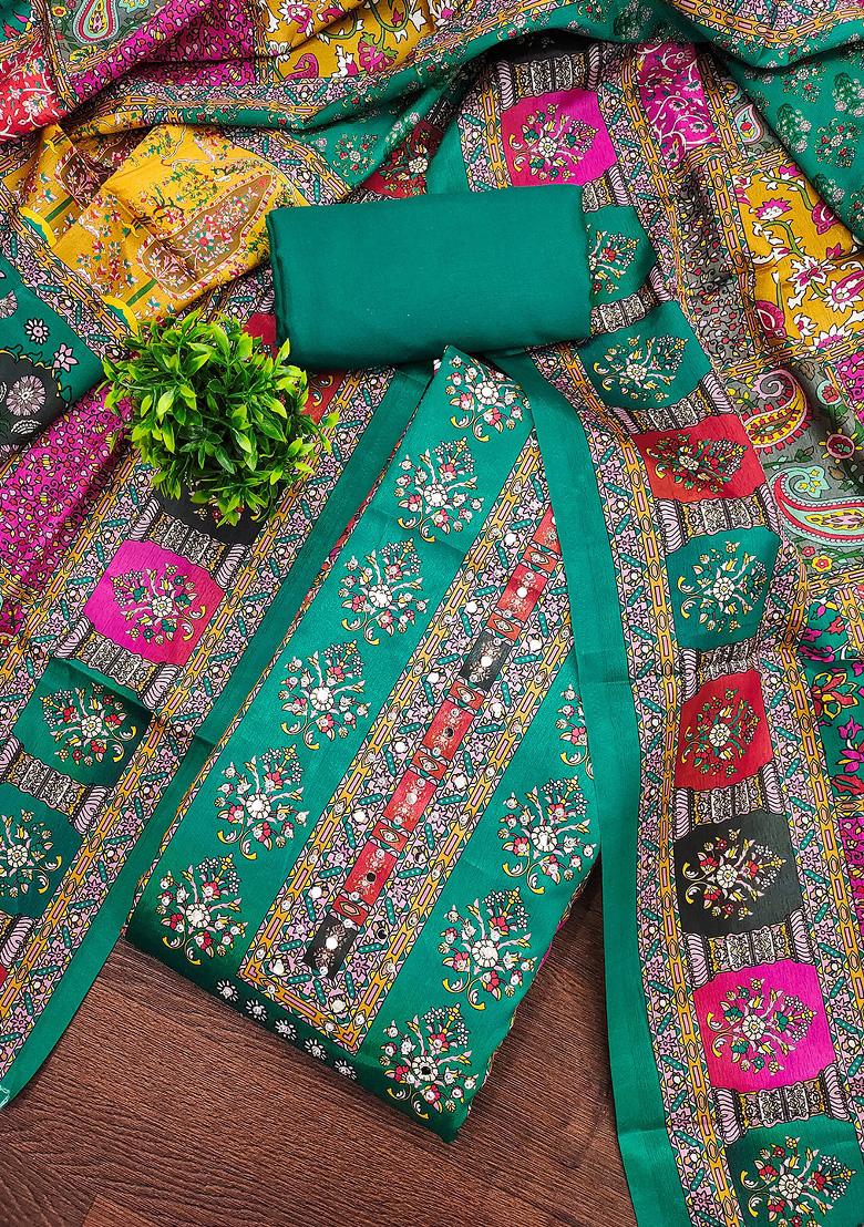 Teal Blue Embellished Chinnon Dress Material