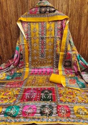 Yellow Embellished Chinnon Dress Material