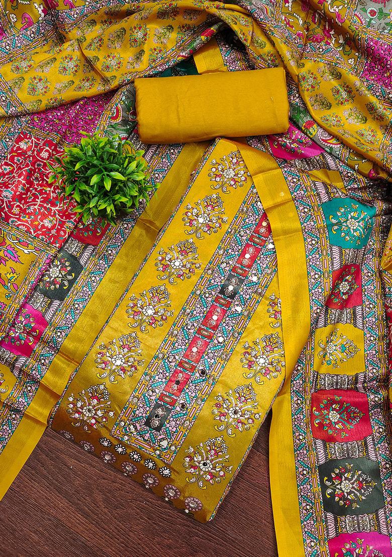 Yellow Embellished Chinnon Dress Material