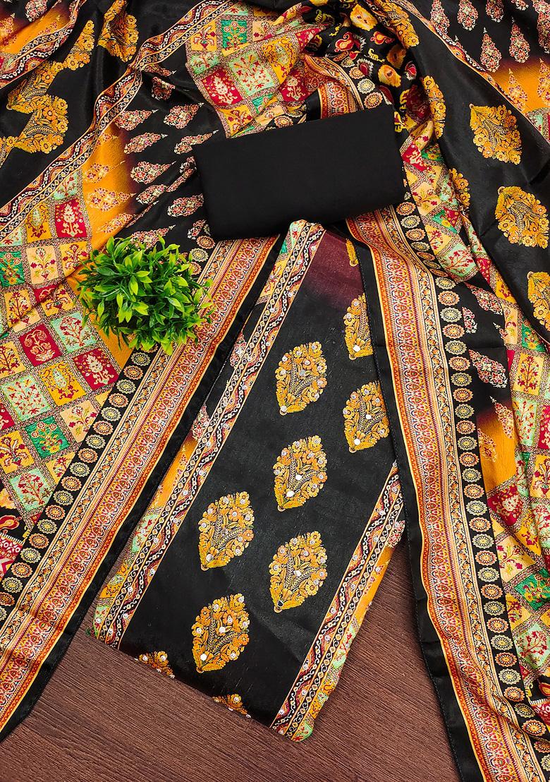 Black Embellished Chinnon Dress Material