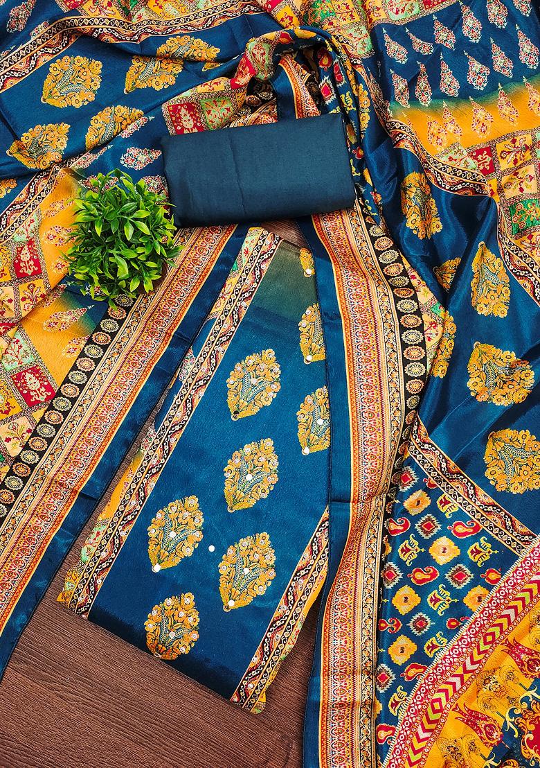 Blue Embellished Chinnon Dress Material