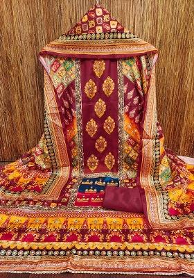 Maroon Embellished Chinnon Dress Material