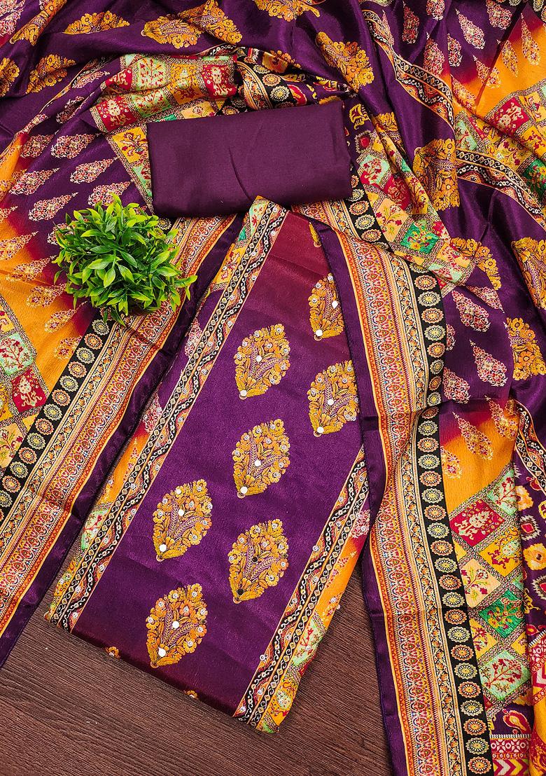 Purple Embellished Chinnon Dress Material