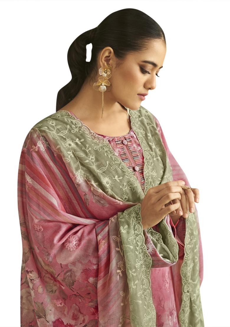 Pink Embroidered Muslin Dress Material