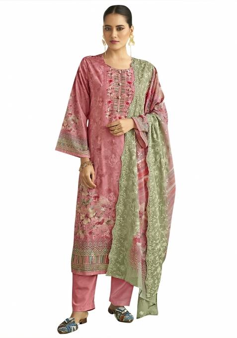 Pink Embroidered Muslin Dress Material