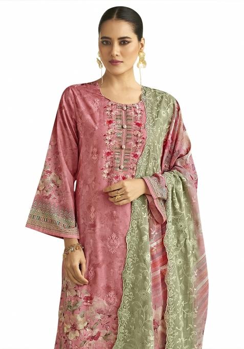 Pink Embroidered Muslin Dress Material