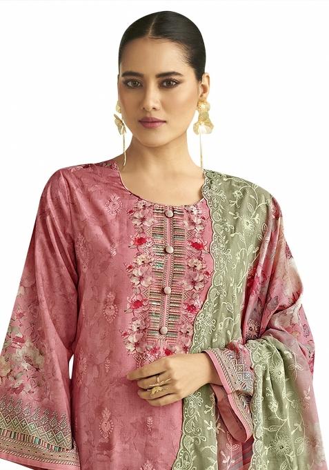 Pink Embroidered Muslin Dress Material