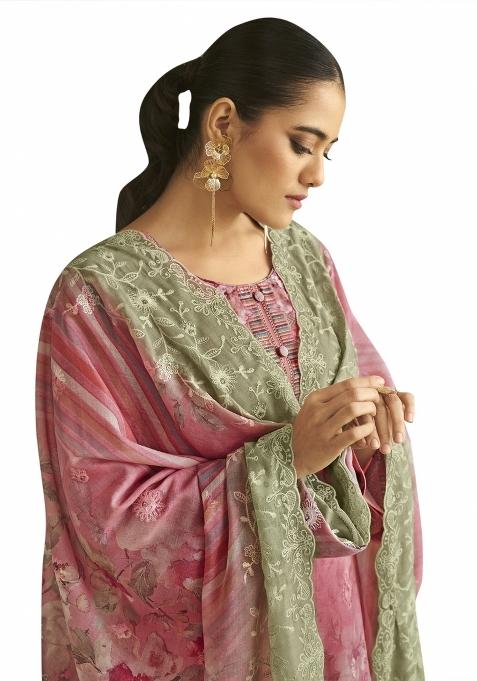 Pink Embroidered Muslin Dress Material