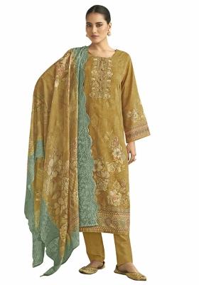 Mustard Embroidered Muslin Dress Material