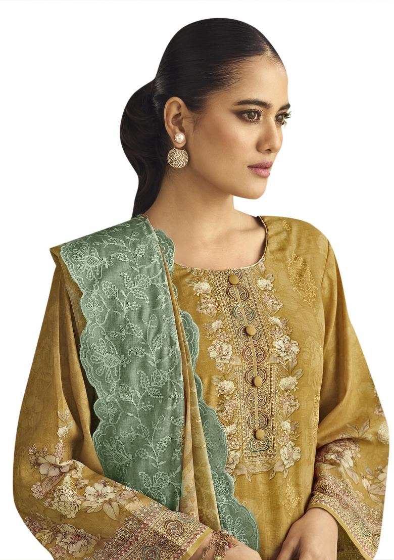 Mustard Embroidered Muslin Dress Material - Indya