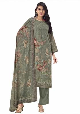 Olive Embroidered Muslin Dress Material
